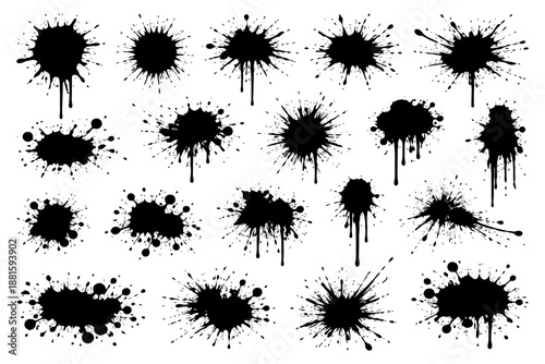Black ink splatter set on white background: creative abstract drips and blots.