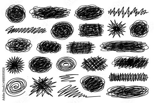 Collection of abstract black scribbles and doodles on white background.