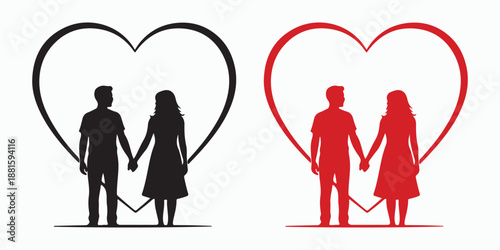 Love's Embrace: Silhouettes of a couple, hand in hand, stand embraced within a heart-shaped frame, symbolizing love, connection, and the strength of partnership. 