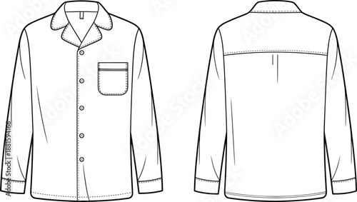Men pajama shirt technical drawing, front and back view, sleepwear apparel template, long sleeve garment outline vector illustration, cad design