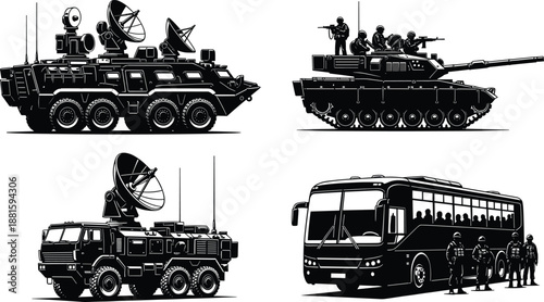 Military vehicles and armored transport silhouettes vector illustration, modern army equipment including tanks, radar trucks, and troop bus isolated on white background