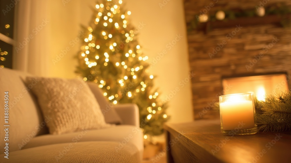 Fototapeta premium Cozy living room with Christmas tree and candle during winter evening