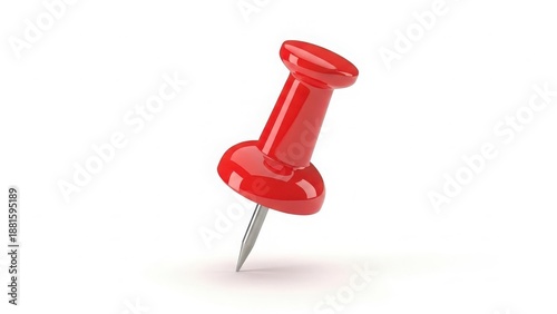 Realistic 3D render of a single glossy red thumbtack with sharp metallic point, isolated against a clean white background with soft studio lighting.
