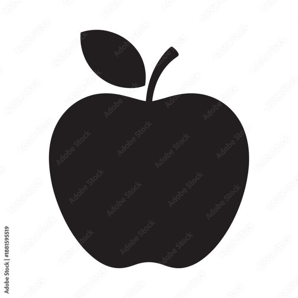 Fototapeta premium Simple black and white illustration depicting a single round apple with a leaf