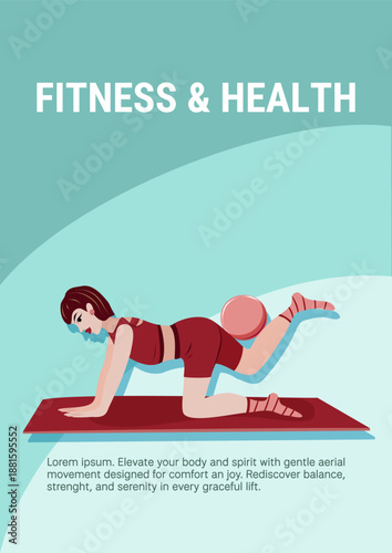 Yoga and health poster with woman in sportswear doing exercise with fitness ball on gym mat. Sport people. Modern flat banner for online training, wellness and social media content.