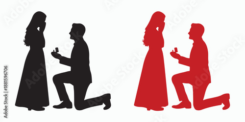Eternal Vows: Capturing the essence of a heartfelt proposal, a silhouette of a man down on one knee presenting a ring to his beloved. A symbol of commitment. 