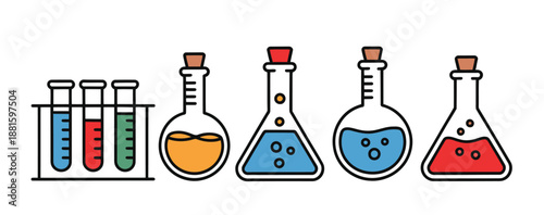 Colorful science lab illustration with flasks and test tubes containing vibrant liquids, vector artwork for laboratory experiments, educational projects, chemistry concepts, STEM learning, and high 
