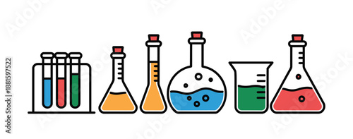 Colorful science lab equipment illustration, an array of lab flasks and test tubes filled with vibrant liquids, poised for scientific experiments, chemistry projects, education, and professional 