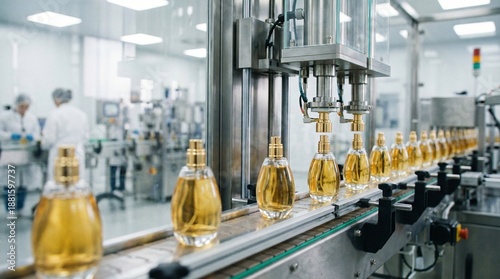 Perfume bottles moving on a production line within a modern manufacturing facility