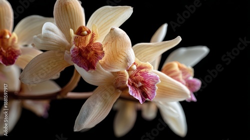 Close-up of delicate vanilla orchid flowers with intricate petals and soft natural colors on a black background, highlighting floral textures and botanical elegance