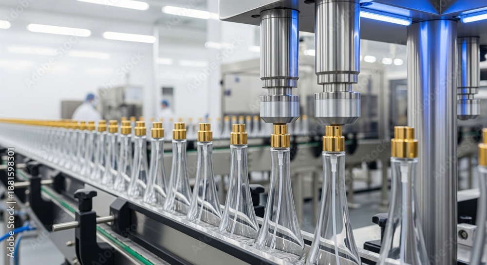 Fototapeta premium Automated filling process of empty glass bottles with golden spray pumps on a conveyor belt in a clean factory