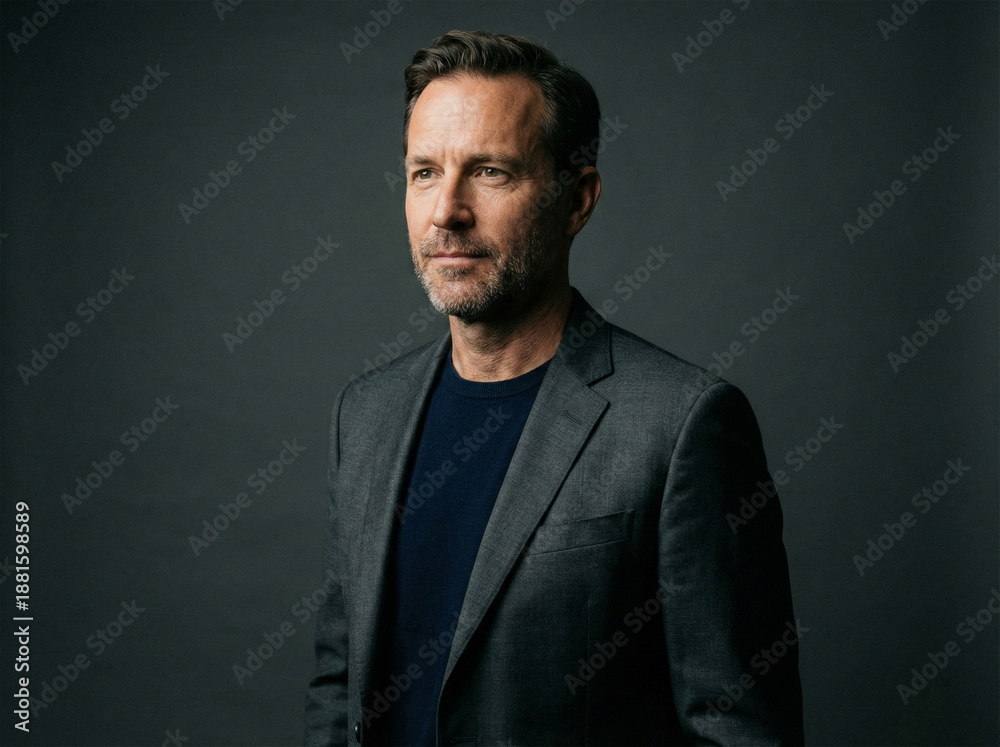 Obraz premium Professional mature businessman in charcoal blazer looking aside with confident expression isolated on dark grey background