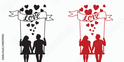 Eternal Embrace: Silhouette of couple in love swinging on a swing, symbolizing romance, love and affection. Featuring hearts, banner, expressing a celebration of intimacy.