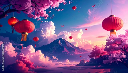 Enchanting Lanterns and Blossoms: A breathtaking panorama unfolds, showcasing vibrant red lanterns suspended amidst a dreamlike landscape of cherry blossoms and a majestic mountain.