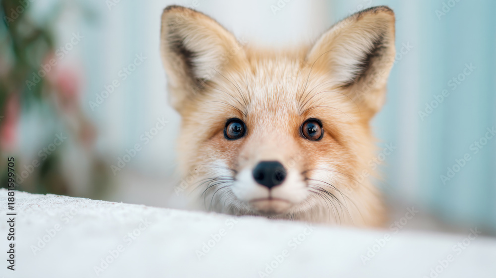 Fototapeta premium Fox looking curiously from behind a low surface in a bright room