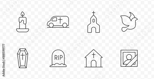 Funeral set icon. Candle, hearse, church, dove, coffin, gravestone, chapel, memorial photo, religion, ceremony, mourning, faith