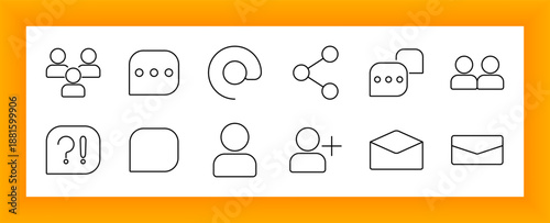 User interaction set icon. Avatars, chat bubbles, share nodes, mail icons, add person, and punctuation bubbles shown in outlined form to depict messaging, conversation, and social contact.