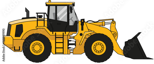 Yellow front-end loader side view with bucket, large tires, hydraulic arms, construction equipment cad drawing vector for industrial design.