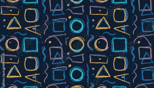 Funky crayon drawn geometric shapes and lines. Colorful pencil or chalk drawn naive Swiss design aesthetic. Basic geometric shapes, dots, playful pattern, primitive forms and figures