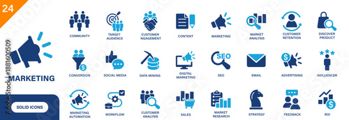 Marketing icon. Including advertising, market analysis, target audience, social media, conversion. Solid vector icons collection.