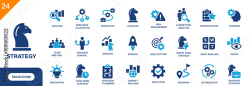 Strategy icon. Includes resource allocation, long term strategy, vision, mission, roadmap, strategic planning. Solid vector icons collection.