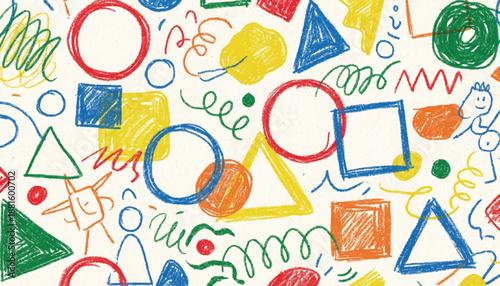 Funky crayon drawn geometric shapes and lines. Colorful pencil or chalk drawn naive Swiss design aesthetic. Basic geometric shapes, dots, playful pattern, primitive forms and figures