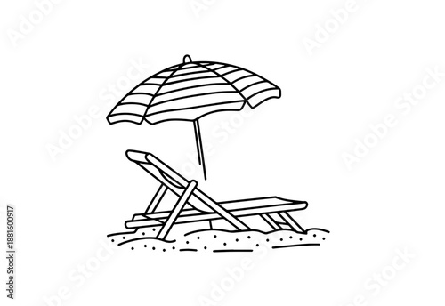 Sketch vector of beach umbrella and lounger summer vacation outline illustration
