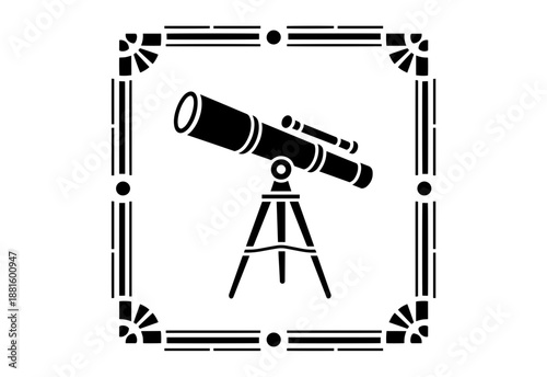 Minimalist line art drawing of a powerful astronomical telescope on a tripod pointing towards a sky with simple cartoon clouds.

