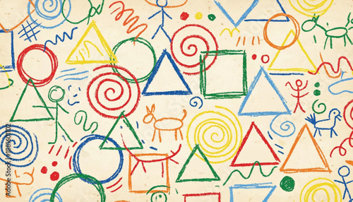 Funky crayon drawn geometric shapes and lines. Colorful pencil or chalk drawn naive Swiss design aesthetic. Basic geometric shapes, dots, playful pattern, primitive forms and figures