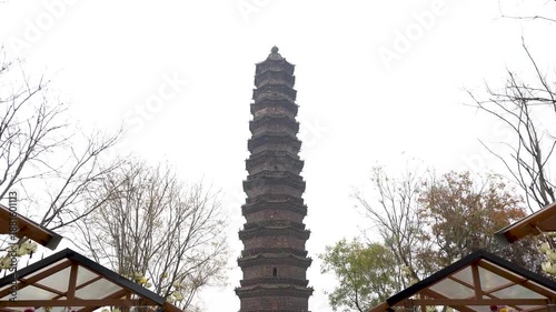 The Kaibao Temple Pagoda in the Iron Tower Park of Kaifeng City, Henan Province, China, was built in 1049 AD. It is the oldest and best-preserved glazed brick pagoda in China.