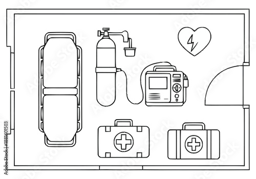 Medical Emergency Room Equipment Layout Plan Top View Including Stretcher Oxygen Tank Defibrillator and First Aid Kits for Healthcare Facilities