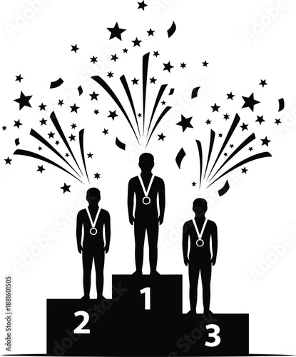 Silhouette of three medal winners standing proudly on a competition victory podium celebrating success with confetti and stars