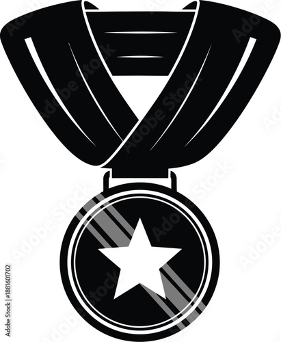 Black and white silhouette graphic icon of a prestigious award medal featuring a prominent star design hanging from a ribbon loop