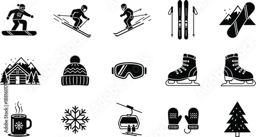 Collection of black and white glyph icons representing various winter sports activities equipment and mountain cabin scenes