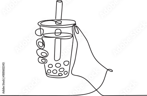 Single continuous line drawing hand holding a bubble tea plastic cup.one line vector illustration with out background