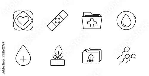 Healthcare and fertility set icon. Heart, bandage, medical folder, drop cycle, blood drop, plant box, plant folders, spermatozoa outlined for medical, eco-health, and donation themes.