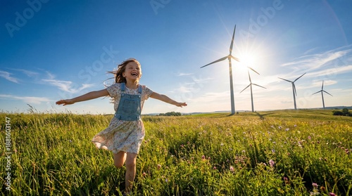 Joyful girl runs with outstretched arms in a sunny field near wind turbines, embracing nature and a sustainable eco-friendly future.