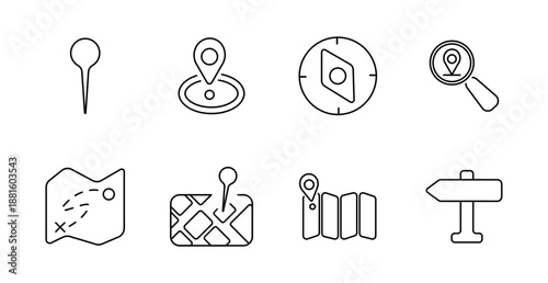 Navigation set icon. Location pin, target, compass, map search, route map, gps, map folded, direction sign showing travel, coordinates, route, wayfinding, journey.