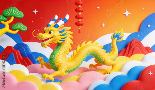 3D Rendered Festive Chinese Dragon Illustration for Year of the Dragon Celebration, Featuring Golden Dragon, Red Lantern, Pine Branch and Vibrant Clouds, Ideal for Holiday and Cultural Themes