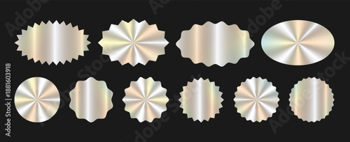 Realistic silver foil sticker, emblem, hologram mockup . Set of holographic round, oval element with uneven wavy zigzag edge, star shape for award. Vector EPS10