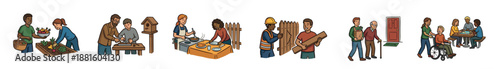 Collection of illustrated scenes showing a diverse community of people volunteering, gardening, building a fence, cooking, helping an elderly neighbor, and playing games