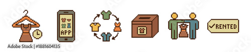 Pixel art icons illustrating the clothing rental process with a smartphone app, donation box, and people sharing garments in a retro 8-bit style for circular fashion concepts