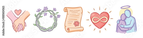 Five hand-drawn icons in a row symbolizing eternal love and sacred union, featuring holding hands, a floral wreath, marriage vows, an infinity heart, and a spiritual embrace