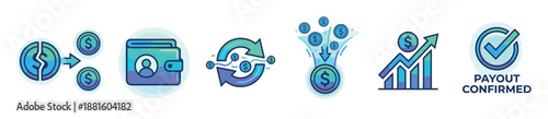 Set of six modern financial icons representing payout, wallet, money transfer, income, growth, and cost splitting in a clean, minimalist line art vector illustration style