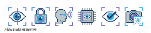Pixelated icon set for cybersecurity and biometric identification showing an eye scan, face recognition, fingerprint, and a processor chip in a retro 8-bit graphic style