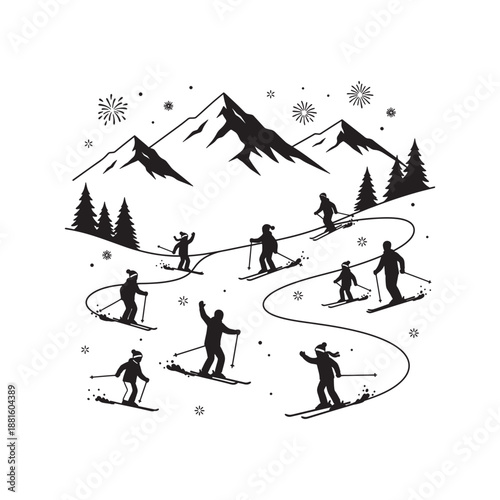 Group of People Skiing in Snowy Mountain Landscape Illustration