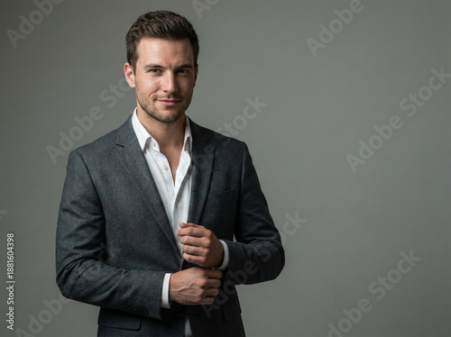 Confident young businessman posing in charcoal grey suit jacket over white shirt against neutral studio background indoor