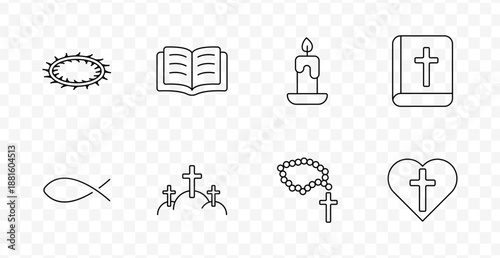 Christianity set icon. Crown of thorns, holy scripture, candle, Bible, Christian fish, rosary, crucifixion hill, faith emblem, spiritual tradition.