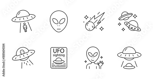 UFO set icon. Flying saucer, alien, abduction, meteor, spaceship, light beam, stars, sighting report, extraterrestrial, sci-fi, galaxy, space