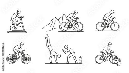 Black line art illustrations of people exercising with bicycles and doing yoga